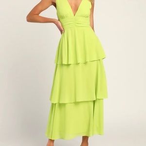 Lulus Celebration Time Lime Green Sleeveless Tiered Midi Dress